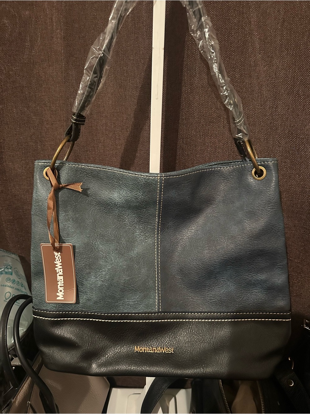 Montana West Blue and Black Shoulder Bag with Gold Accents
